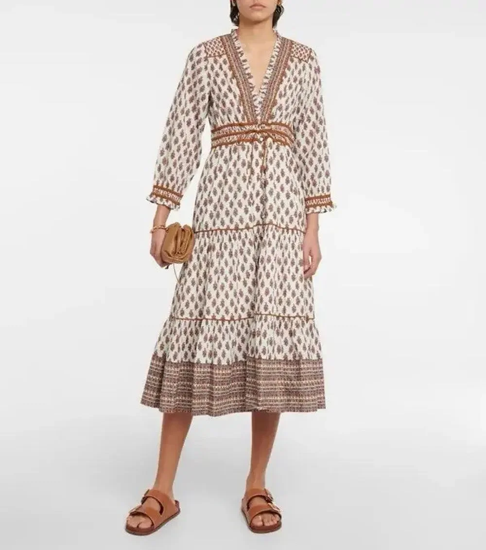 Veronica Beard Midi Dress Alessandra 0 XS White Floral Block Print Boho Cotton
